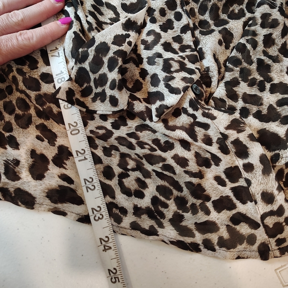 JOE FRESH BUTTON UP BLOUSE WOMENS SMALL CHEETAH LEOPARD SECRETARY NECK TIE RETRO - Picture 6 of 7